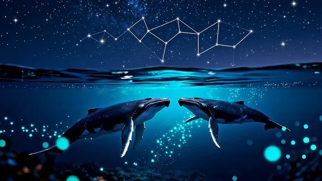 Two whales swimming under starry sky