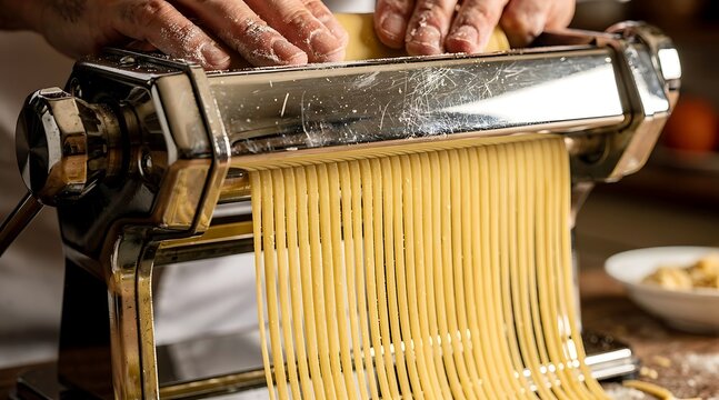 Fresh Homemade Spaghetti Pasta Being Made with a Manual Machine.