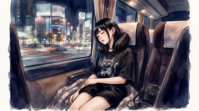 夜行バスの車内で眠るバンギャル
