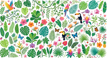Tropical jungle flora and fauna vector collection set with macaw toucan parrot exotic birds flowers butterflies and monstera palm leaves © ALOMGIR