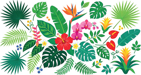 Tropical rainforest jungle leaves and flowers vector elements set featuring monstera palm hibiscus orchid bird of paradise icons bundle © ALOMGIR