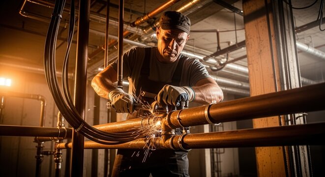Skilled Tradesman Expertly Working On Copper Piping Systems With Sparks Flying