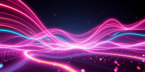 Abstract Purple Glowing Wave Background with Neon Light Lines, Fractal Curves, Dynamic Energy Motion Design and Futuristic Wallpaper Illustration with Blue Pink Glow Streaks and Artistic Texture © HMRabiul