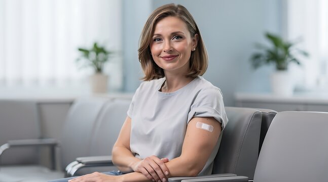 Happy middle aged woman sitting in clinic with vaccination bandage on arm.