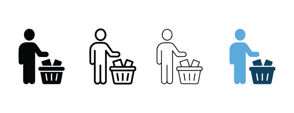  people throwing trash in garbage bins in different colors  simple icons