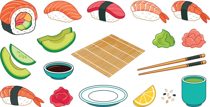 Japanese sushi and maki roll vector illustration set with nigiri chopsticks wasabi ginger and bamboo mat for asian restaurant menu design and food marketing