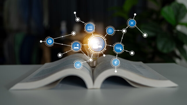 This image depicts an open book symbolizing knowledge illuminated by a light bulb, surrounded by digital icons that represent innovation and technology. Tessel