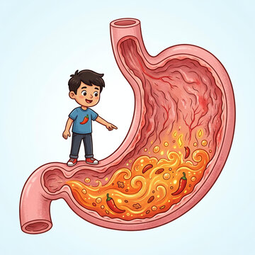 Cartoon Illustration of a Boy Observing Spicy Food Digestion Inside a Human Stomach Anatomy