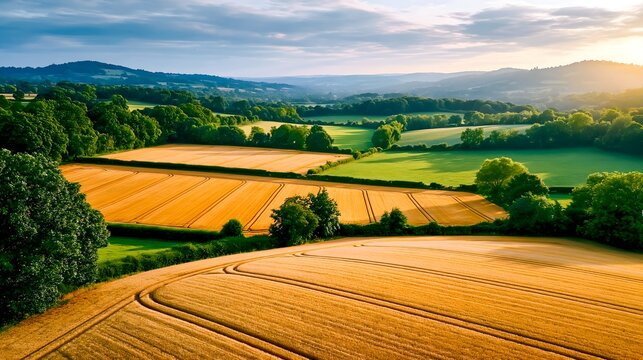 Aerial View of Rolling Golden Harvest Fields in Patchwork
