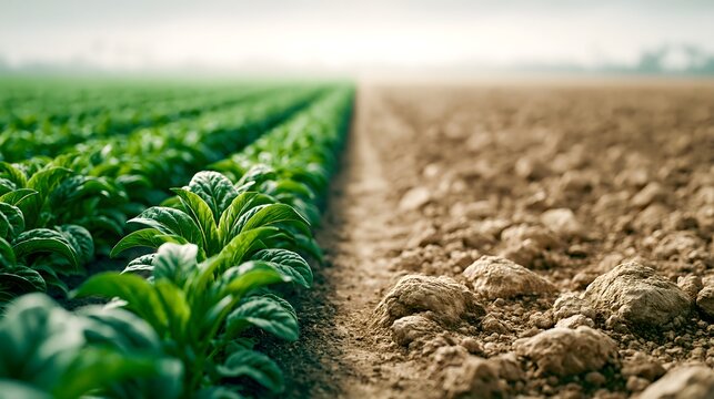 Green Crop Rows Meeting Barren Rocky Ground Split Landscape