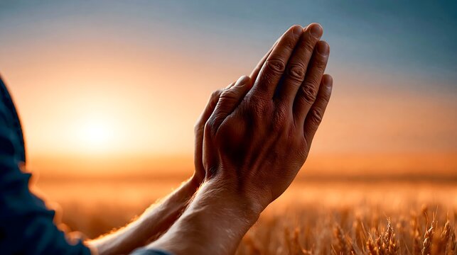 Praying Hands Silhouette Against Dawn Wheat Field Horizon