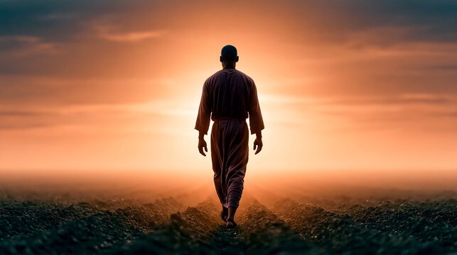 Silhouetted Sower Walking Down Furrowed Field at Sunrise