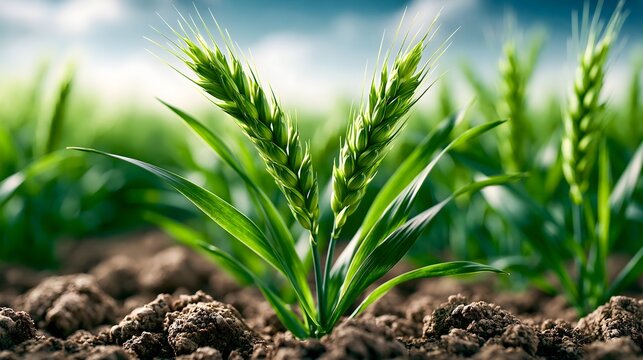 Ground Level View Through Fresh Green Wheat Blades in Field