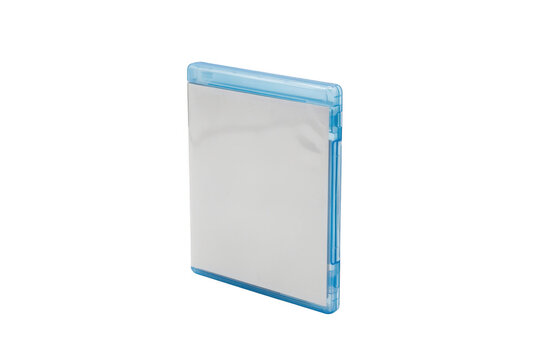 A single empty blue plastic blu-ray disc case with a clear sleeve for a cover insert, standing at an angle, isolated on a white background