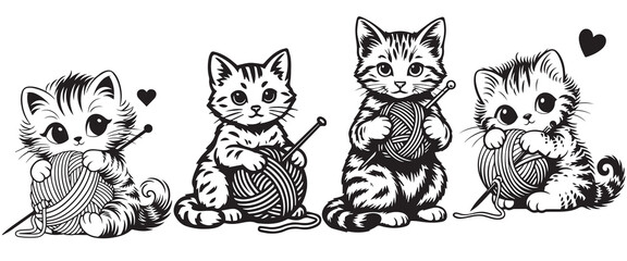 Obraz premium Cute kitten silhouette collection playing with yarn ball and knitting needle, funny cats vector set for craft design