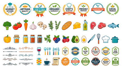 Fototapeta premium Food & Drink Icons: Organic, Gourmet, Artisan Labels, Fresh Ingredients, Kitchenware