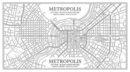 Fototapeta premium Metropolis City Map Black White Edition Urban Planning Artistic Layout