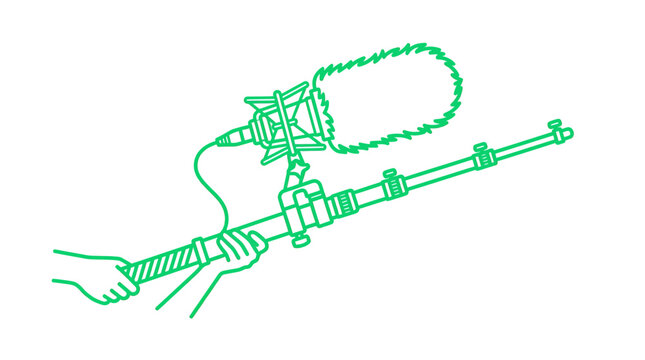 Hand holding boom microphone with windjammer for audio recording