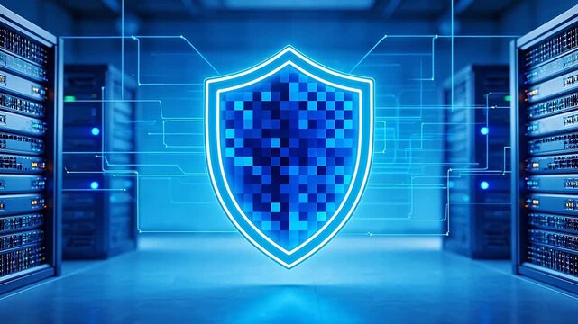 Cybersecurity shield in server room