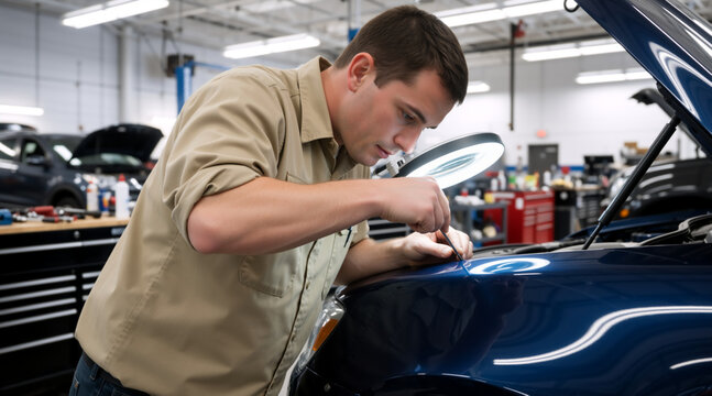 Male technician inspecting car bodywork with LED light. Professional auto mechanic examining blue vehicle fender for dents in a garage workshop