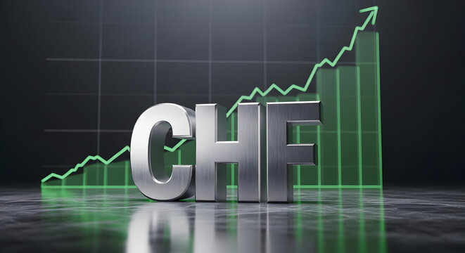 3D metallic CHF text on reflective floor with rising green stock market graph and line arrow, symbolizing Swiss Franc currency value growth and economic stability.