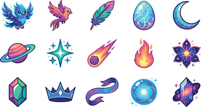 Magical fantasy celestial sticker set featuring cosmic phoenix birds crystal egg dragon orb crown and galaxy star vector illustrations for gaming asset branding