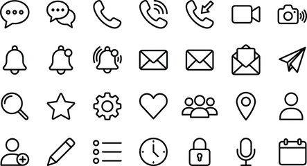 Minimalist communication and social media line icon set featuring chat call mail notification profile and settings vector graphics for interface website design layouts © AntarChandra