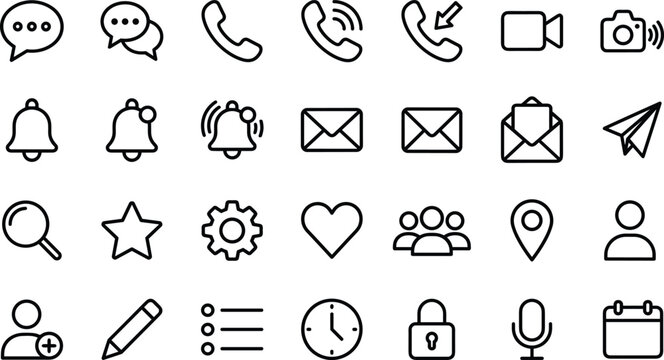 Minimalist communication and social media line icon set featuring chat call mail notification profile and settings vector graphics for interface website design layouts