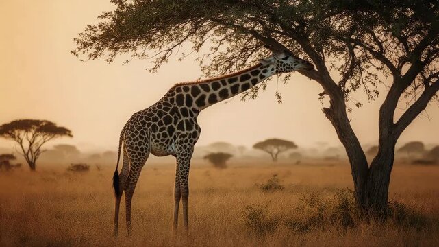 Giraffe reaching up to eat leaves from an acacia tree at golden hour. Giraffe in the savannah
