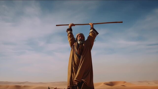 Moses Raises God&rsquo;s Staff During the Battle Against the Amalekites. Old Testament Story Scene