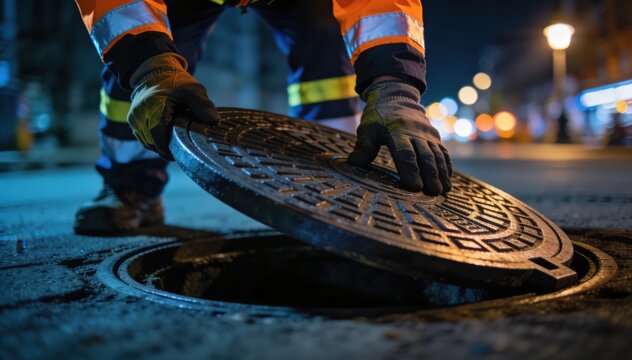 Night scene medium shot of a manhole cover being opened by technician wearing reflective gear sharp focus on hands and blurred city lights.