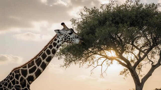 Giraffe reaching up to eat leaves from an acacia tree at golden hour. Giraffe in the savannah