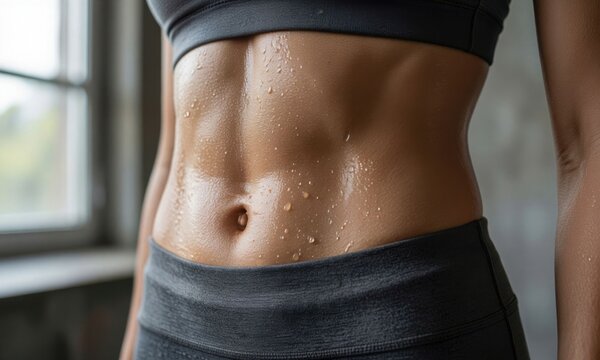 Close up of toned abdomen with navel piercing in natural indoor light