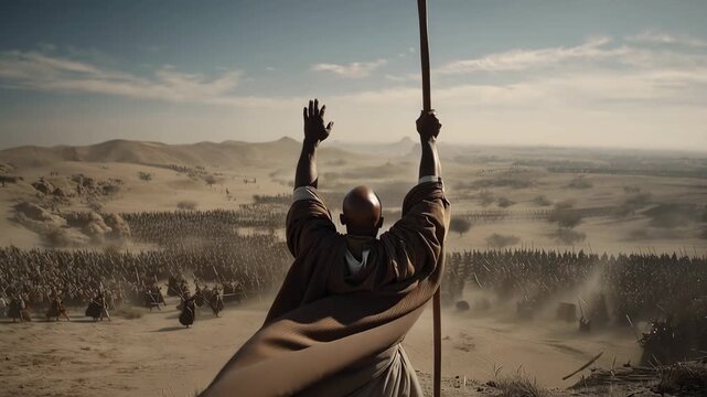 Moses Raises God&rsquo;s Staff During the Battle Against the Amalekites. Old Testament Story Scene