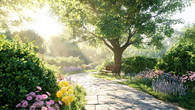 Garden path with bench and flowers