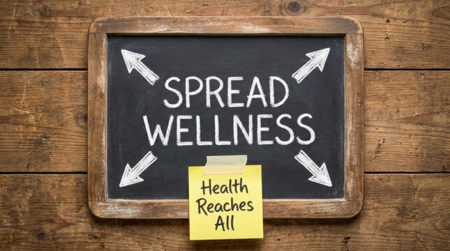 Chalkboard with 'spread wellness' message and 'health reaches all' note on wooden wall