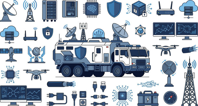 Mobile cybersecurity command truck and data network vector icons set featuring tactical surveillance vehicle with server infrastructure graphics for military defense software interface design