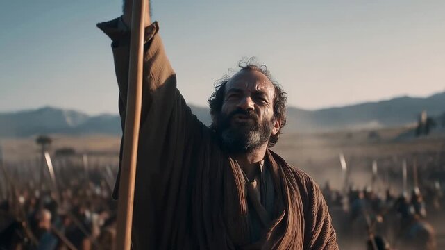 Moses Raised God's Staff With Both Hands When the Israelites Fought Against the Amalekites. Biblical Story Scene