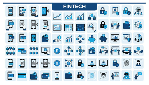 Comprehensive collection of modern financial technology and digital banking flat vector icons set with business investment technology financial accounting transaction currency management
