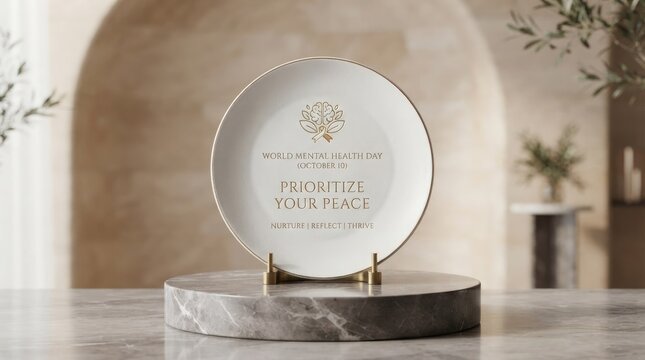 World Mental Health Day Ceramic plate with world mental health day message prioritize your peace standing on a marble pedestal in a calm room