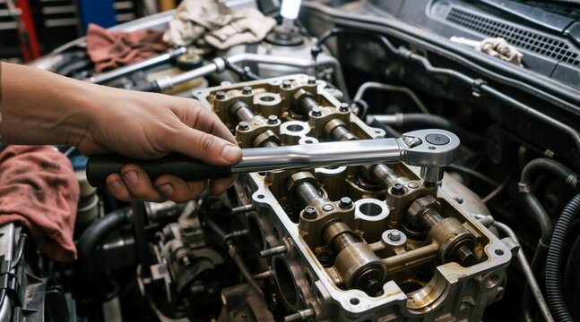 Mechanic tightening bolts on a car engine cylinder head. Close up of hand using torque wrench on camshaft assembly. Auto repair and maintenance service