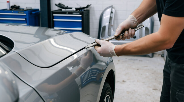 Technician adjusting panel gap on a grey car with a metal tool. Professional auto body repair and dent removal service. Close-up of hands in gloves fixing vehicle fender