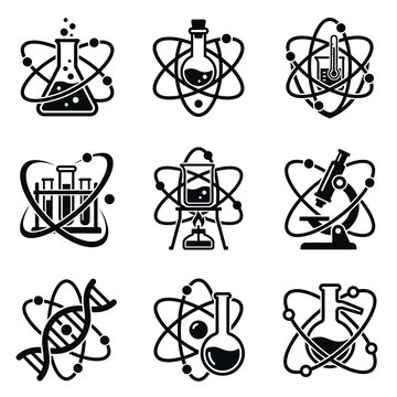 Science laboratory equipment icons set.