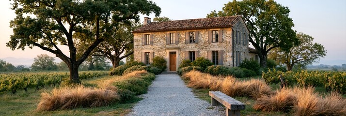 Obraz premium Stone farmhouse surrounded by vineyard rows.