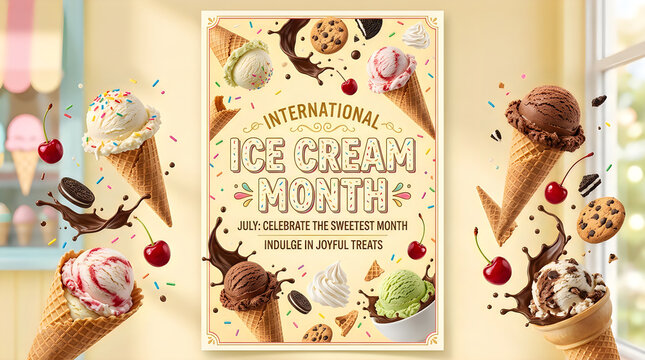 International ice cream month promotional poster with floating cones and treats