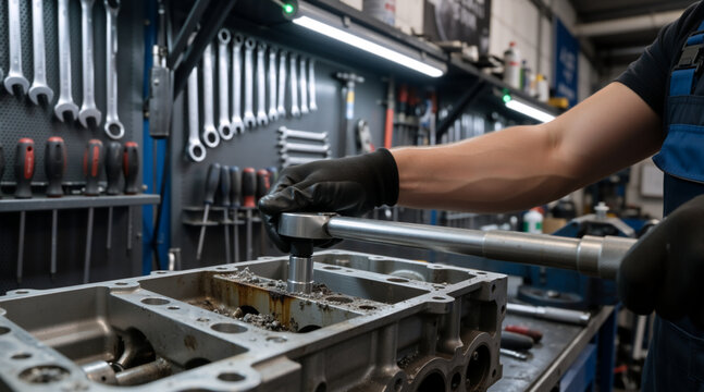Close up of a mechanic using a torque wrench on an engine cylinder head. Professional auto repair in a well organized workshop. Car maintenance and service concept