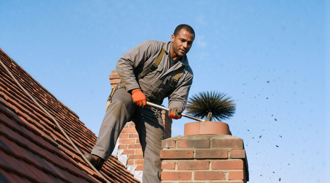 Professional chimney sweep cleaning a brick chimney on a roof. Male worker in overalls using wire brush. Rooftop maintenance and safety service