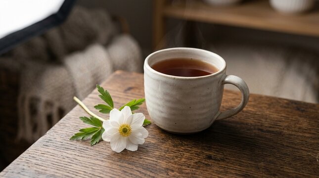 Caregiver support concept warm cup of tea and single white flower on dark oak surface.