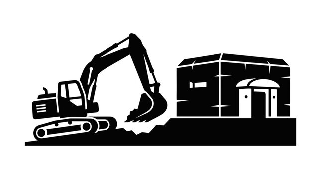 Excavator Digging Next to Modern Building Construction Site