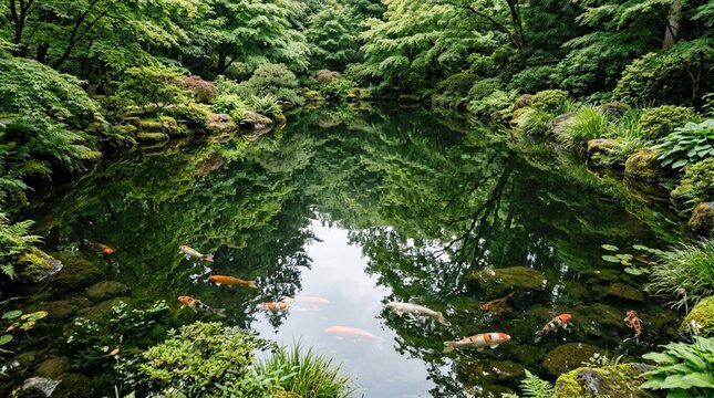 Calm mind concept koi pond still water surface reflecting green trees at midday.